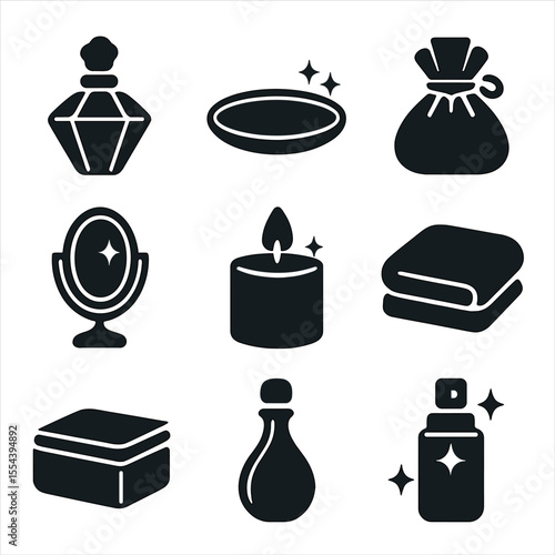 Luxury Vanity Icons. Solid, filled icons set of luxury vanity items: crystal bottle, golden tray, silk pouch,