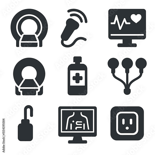 Medical Diagnostic Icons. Solid, filled icons set of medical diagnostics equipment: MRI coil, ultrasound wand,