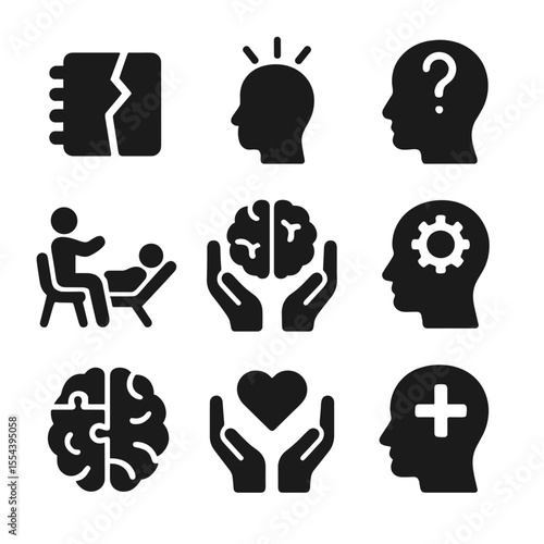Memory Disorder Icons. Solid, filled icons set of memory disorders and therapy: broken memory icon, dementia