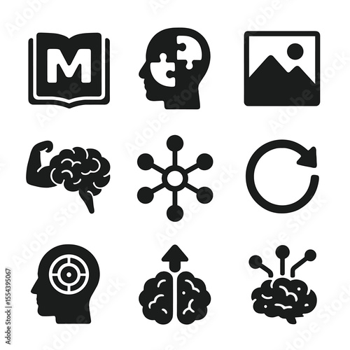 Memory Improvement Icons. Solid, filled icons set of memory improvement techniques: mnemonic device, memory