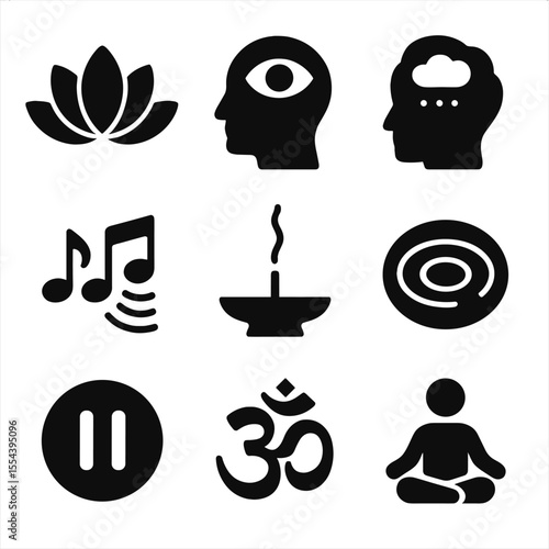 Meditation Icon Set. Solid, filled icons set of meditation and mindfulness: lotus flower, focused mind, clear