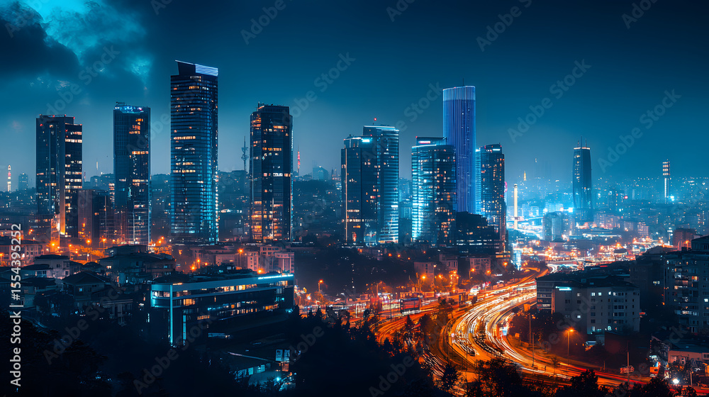 Obraz premium Istanbul skyline at night with skyscrapers and modern buildings. Illustration of popular places in the world.