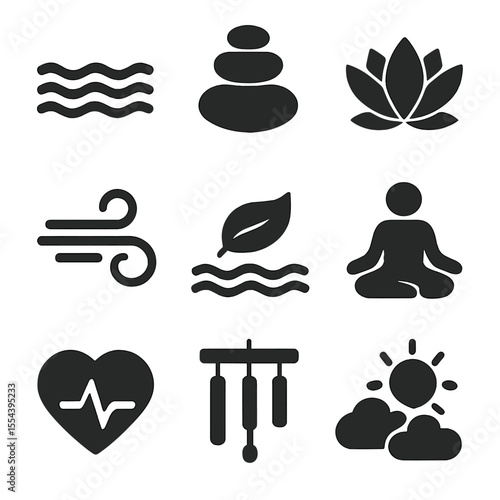 Mindfulness Icon Set. Solid, filled icons set of tranquility and mindfulness: still water, zen stone stack,