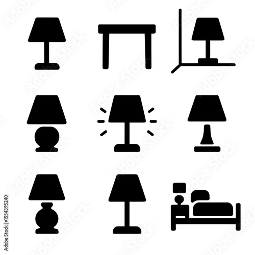 Minimalist Bedroom Icons. Solid, filled icons set of minimalist bedroom decor: clean lamp, simple table, muted