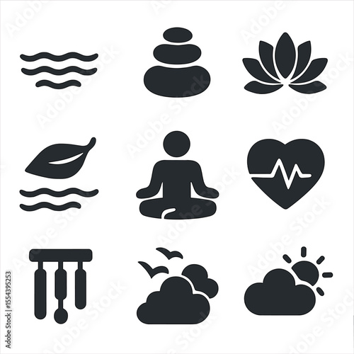 Mindfulness Icon Set. Solid, filled icons set of tranquility and mindfulness: still water, zen stone stack,