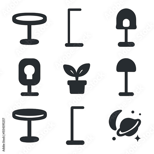 Minimalist Furniture Icons. Solid, filled icons set of minimalist table and lighting design: round table, slim