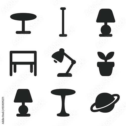 Minimalist Furniture Icons. Solid, filled icons set of minimalist table and lighting design: round table, slim
