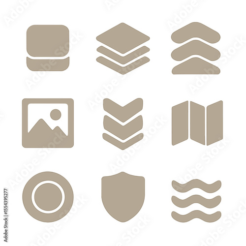 Minimalist Icon Grid. Solid, filled icons set of minimalist layered designs: simple lines, neutral tones,