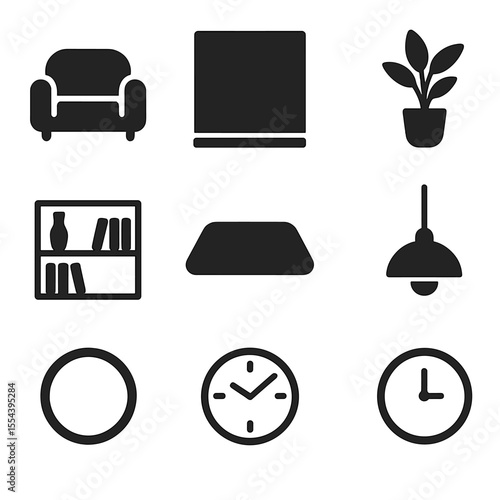 Minimalist Interior Icons. Solid, filled icons set of minimalistic interiors: single sofa, blank wall, clean