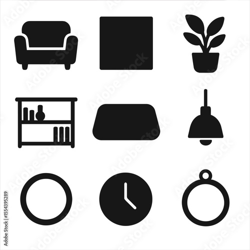 Minimalist Interior Icons. Solid, filled icons set of minimalistic interiors: single sofa, blank wall, clean