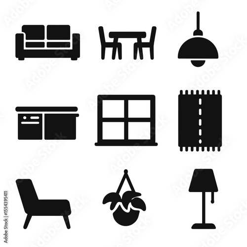 Modern Icon Grid. Solid, filled icons set of open concept designs: sectional sofa, dining table, pendant light