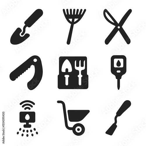 Modern Garden Tool Icons. Solid, filled icons set of modern garden tools: ergonomic handle, lightweight design