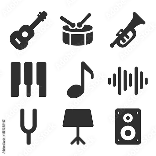 Modern Musical Icons. Solid, filled icons set of musical instruments and sound: guitar, drum, trumpet, piano