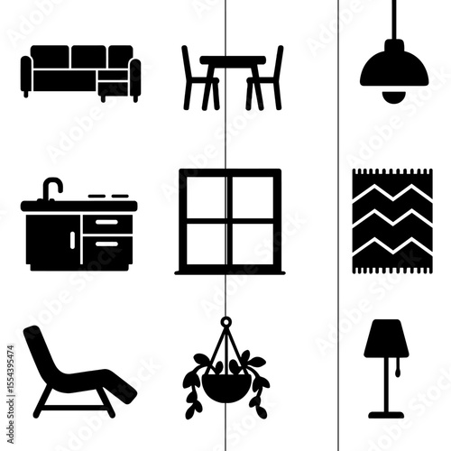 Modern Icon Grid. Solid, filled icons set of open concept designs: sectional sofa, dining table, pendant light