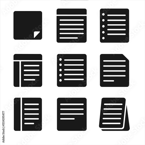 Modern Office Icons. Solid, filled icons set of office supply notepads: sticky notes, legal pad, ring binder