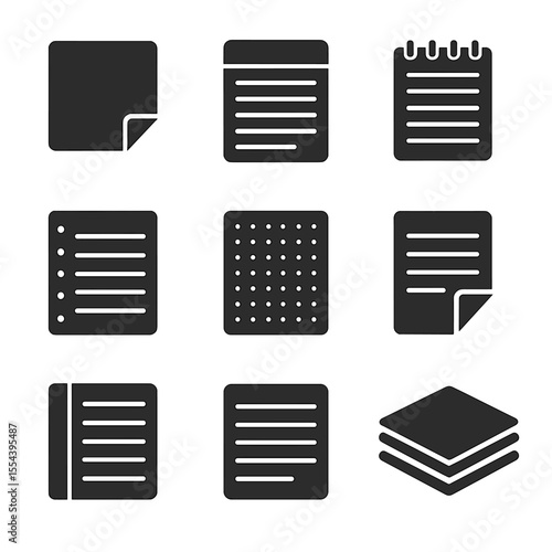 Modern Office Icons. Solid, filled icons set of office supply notepads: sticky notes, legal pad, ring binder