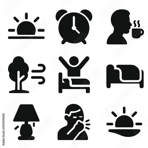 Morning Wake-Up Icons. Solid, filled icons set of morning wake-up: sunrise glow, alarm clock, early sip, fresh