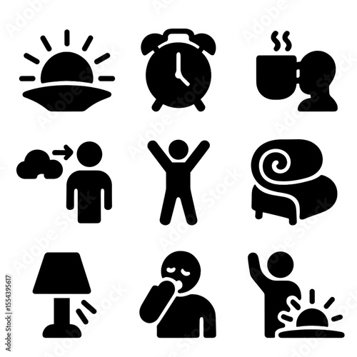 Morning Wake-Up Icons. Solid, filled icons set of morning wake-up: sunrise glow, alarm clock, early sip, fresh