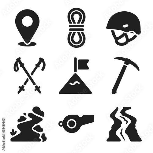 Mountain Trekking Icons. Solid, filled icons set of mountain trekking: altitude marker, rope coil, climbing