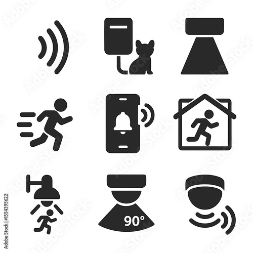 Motion Detection Icons. Solid, filled icons set of motion detection setup: motion wave, pet-friendly sensor,