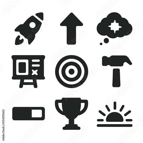 Motivation Icon Set. Solid, filled icons set of personal motivation: rocket icon, upward arrow, dream cloud,