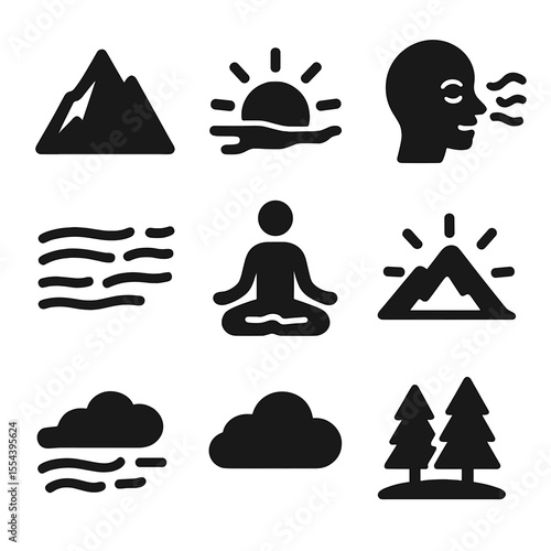 Mountain Meditation Icons. Solid, filled icons set of mountain meditation: mountain peak, sunrise icon, calm