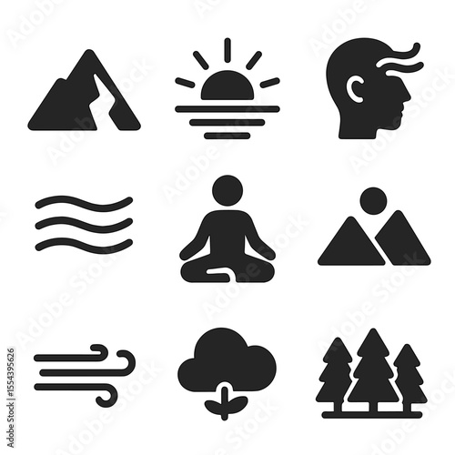 Mountain Meditation Icons. Solid, filled icons set of mountain meditation: mountain peak, sunrise icon, calm