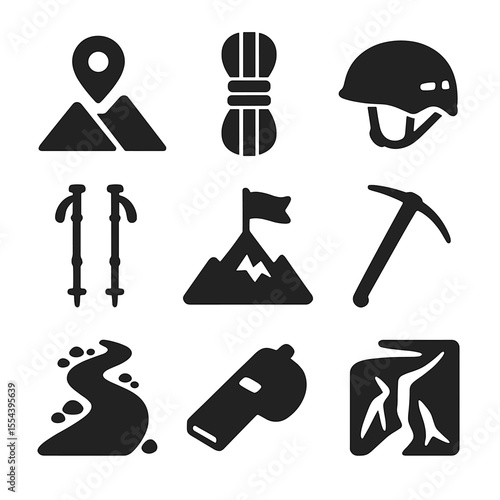 Mountain Trekking Icons. Solid, filled icons set of mountain trekking: altitude marker, rope coil, climbing