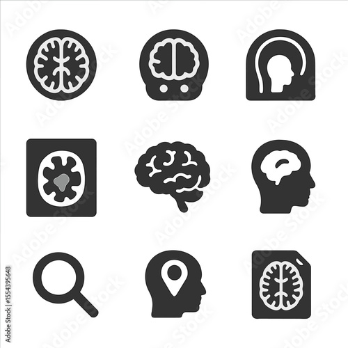MRI Image Format Icons. Solid, filled icons set of MRI image formats: axial view, coronal view, sagittal slice