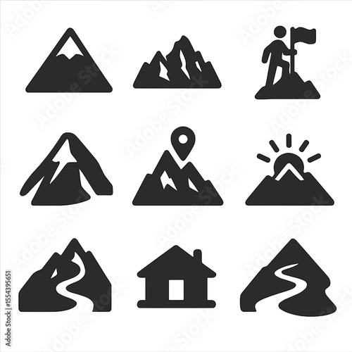 Mountain Icons Set. Solid, filled icons set of mountain peaks: snow-capped summit, rocky ridge, mountain range