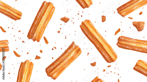 Tasty sweet churros on white background

