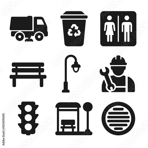 Municipal Service Icons. Solid, filled icons set of municipal services improvement: street cleaning truck,