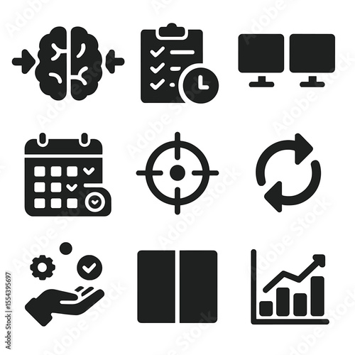Multitasking Icons Grid. Solid, filled icons set of improving your ability to multitask: multitasking brain,