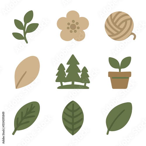 Nature Icons Grid. Solid, filled icons set of nature-inspired crafting: leafy branch, flower icon, natural