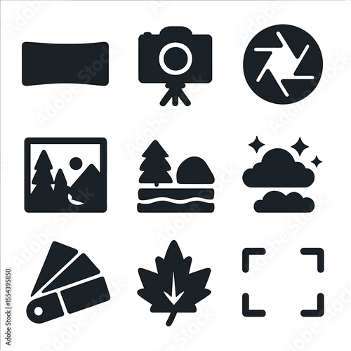 Nature Photography Icons. Solid, filled icons set of nature photography elements: panoramic icon, camera on