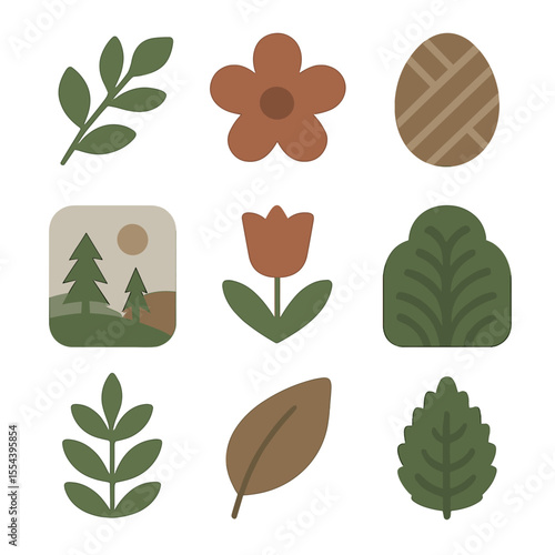 Nature Icons Grid. Solid, filled icons set of nature-inspired crafting: leafy branch, flower icon, natural
