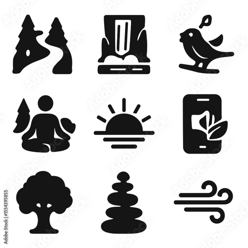 Nature Meditation Icons. Solid, filled icons set of nature-based meditation: forest path, waterfall sound,