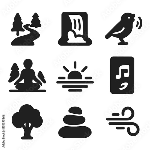 Nature Meditation Icons. Solid, filled icons set of nature-based meditation: forest path, waterfall sound,