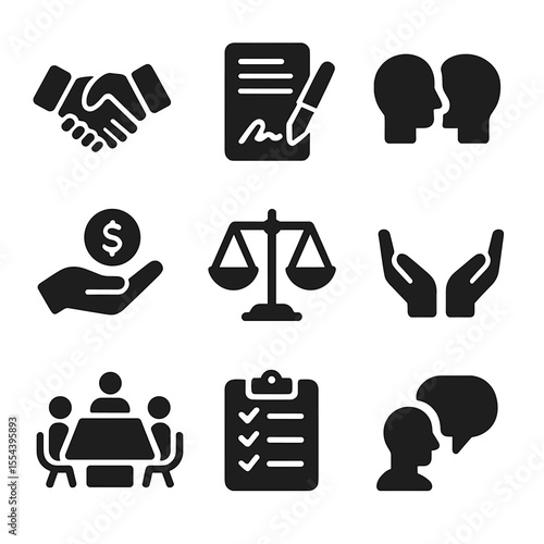 Negotiation Techniques Icons. Solid, filled icons set of negotiation techniques: handshake, contract signing,