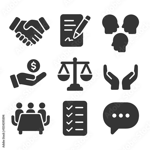 Negotiation Techniques Icons. Solid, filled icons set of negotiation techniques: handshake, contract signing,