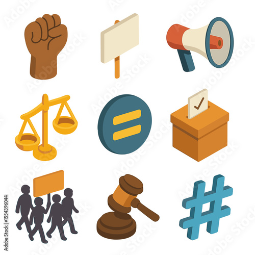 Activism Icon Set. Isometric Flat icon set of Black Activism and Social Justice: raised fist, protest sign, megaphone, justice