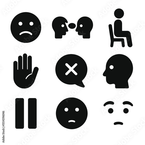 Non-Verbal Icon Set. Solid, filled icons set of non-verbal conversation elements: facial expression, eye