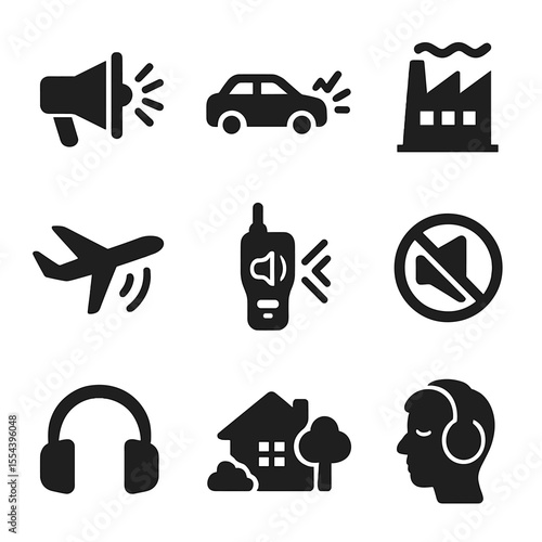Noise Pollution Icons. Solid, filled icons set of noise pollution and reduction: loudspeaker, traffic noise,