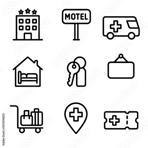 Accommodation Icon Set. Outline icon set of accommodation near hospital: hotel building, motel sign, hospital shuttle bus, bed and