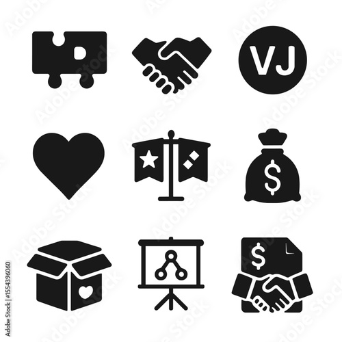 Nonprofit Partnership Icons. Solid, filled icons set of nonprofit partnerships: two puzzle pieces, NGO