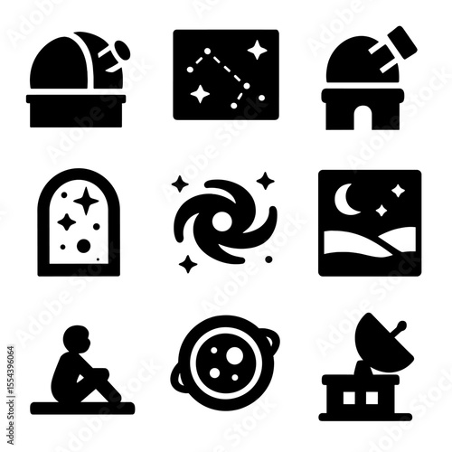 Observation Icon Set. Solid, filled icons set of observation and exploration: viewing dome, star chart,
