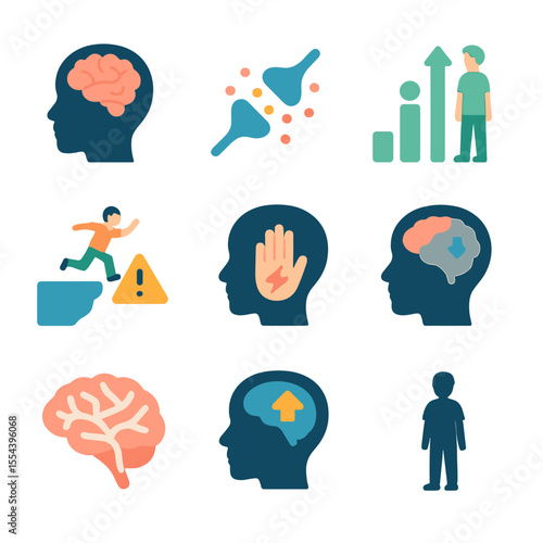 Adolescent Brain Icon Set. Isometric Flat icon set of developmental decision-making processes: adolescent brain silhouette,
