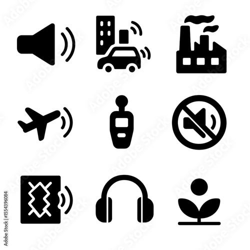 Noise Pollution Icons. Solid, filled icons set of noise pollution and reduction: loudspeaker, traffic noise,
