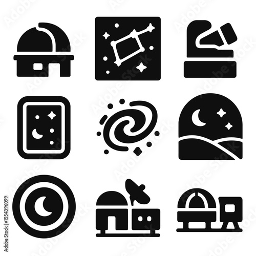 Observation Icon Set. Solid, filled icons set of observation and exploration: viewing dome, star chart,