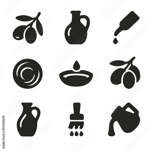 Olive Oil Icon Set. Solid, filled icons set of olive oil delights: olive branch, oil jug, drizzle pour, oil